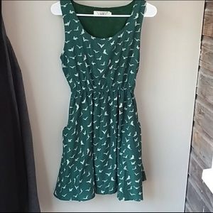 Green sundress with birds AND POCKETS